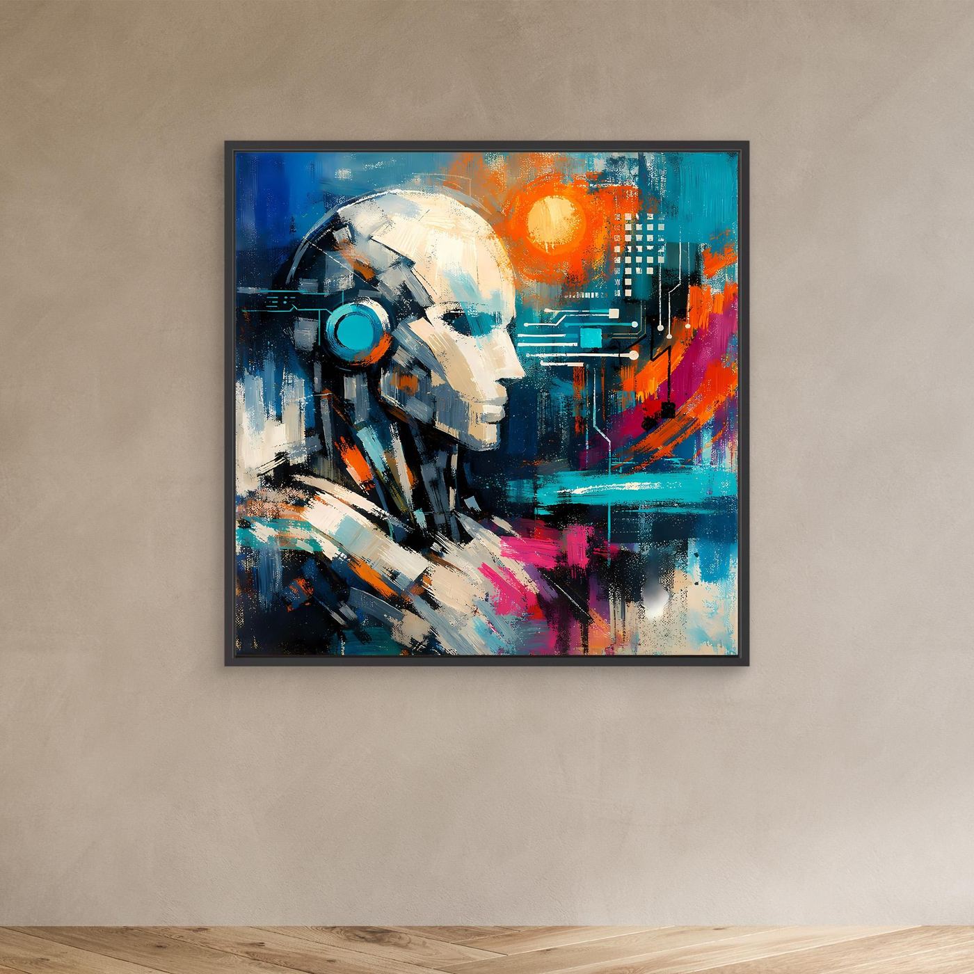 Abstract canvas print with black frame: robotic face, blue digital lines, orange glow