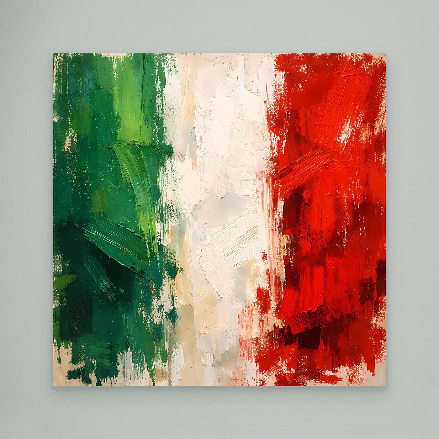 Abstract wall canvas print with green, white, and red brushstroke flag design