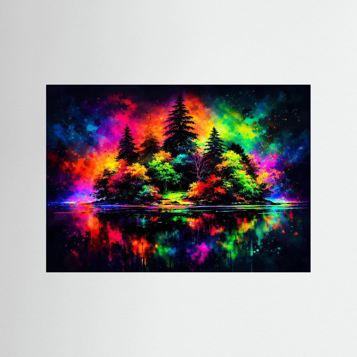 Neon-Landschafts-Poster mit farbigen Tannen und spiegelnder Wasserfläche, querformat