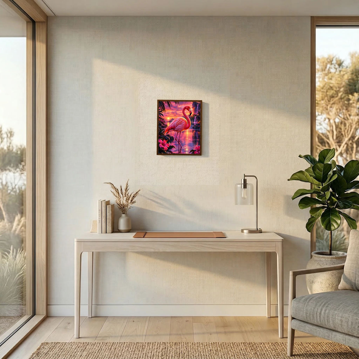 Flamingo-Wandposter im quadratischen Rahmen über Konsole, mit Tropenwasser und Sonnenuntergang