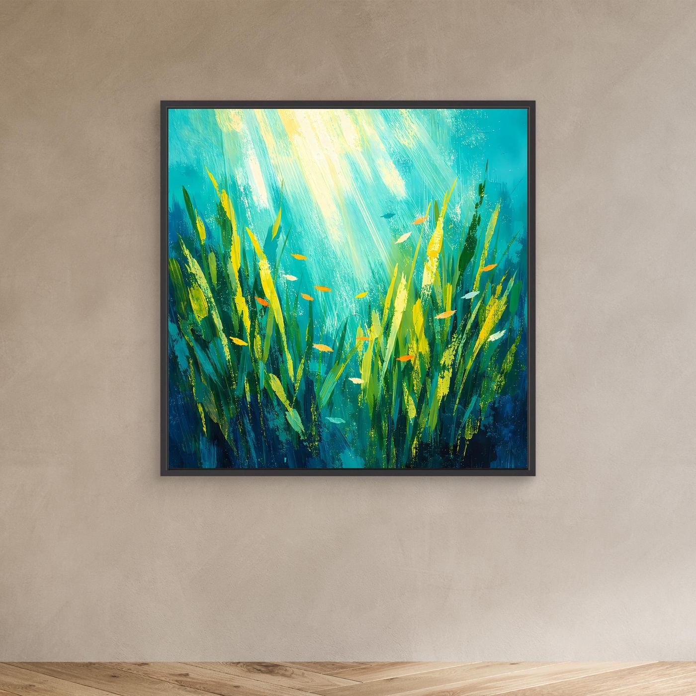 Leinwand Lichtdurchfluteter Algenwald unter Wasser | Abstraktes Ozean Wandbild