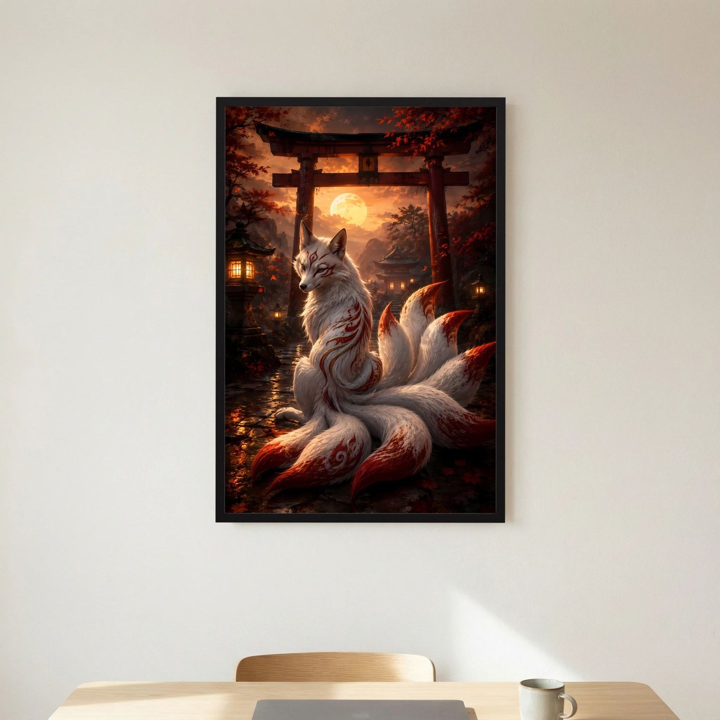 Poster im schwarzen Rahmen: Kitsune-Fuchs mit neun Schweifen, Torii und Mond