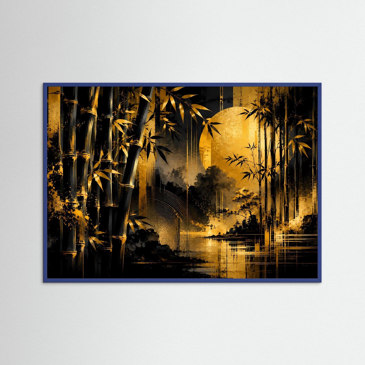 Goldener Bambuswald bei Mondlicht | Elegante asiatische Naturkunst in Schwarz & Gold mit Wasserreflexion | Luxuriöse abstrakte Wandkunst