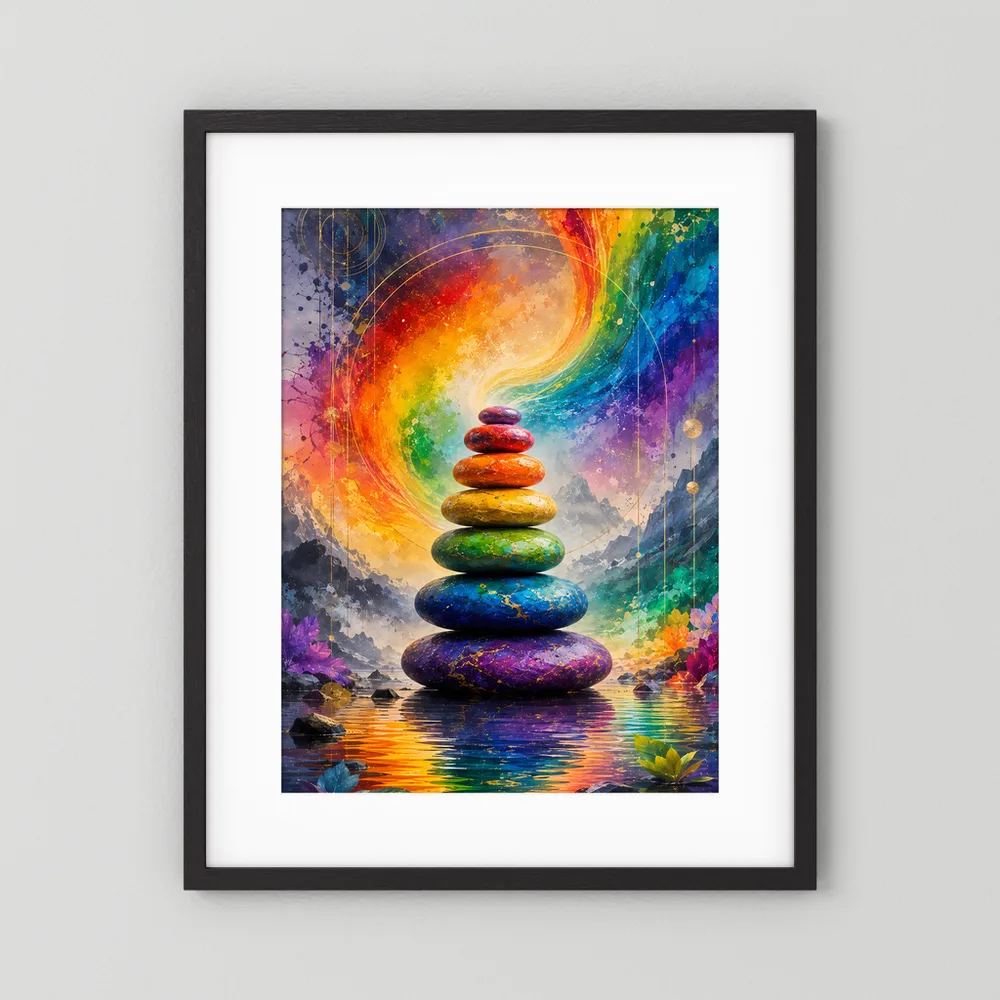 Hochformat-Poster im dunklen Rahmen mit weißem Rand, Motiv: Zen-Stein-Stapel im Regenbogen