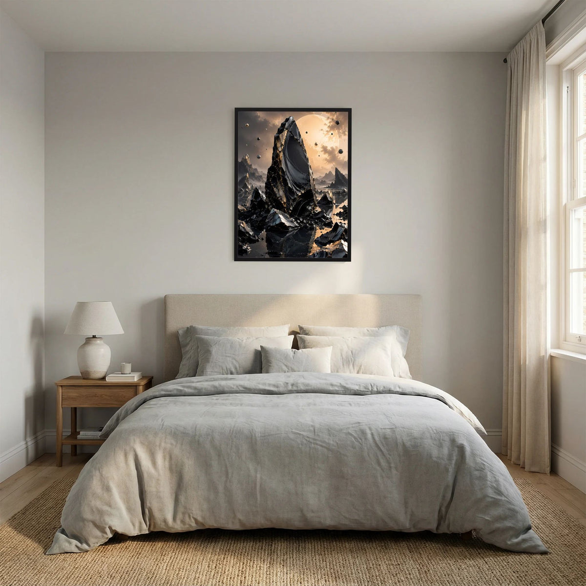 Poster mit schwarzem Rahmen: scharf geformter Felsmonolith mit goldener Lichtzone