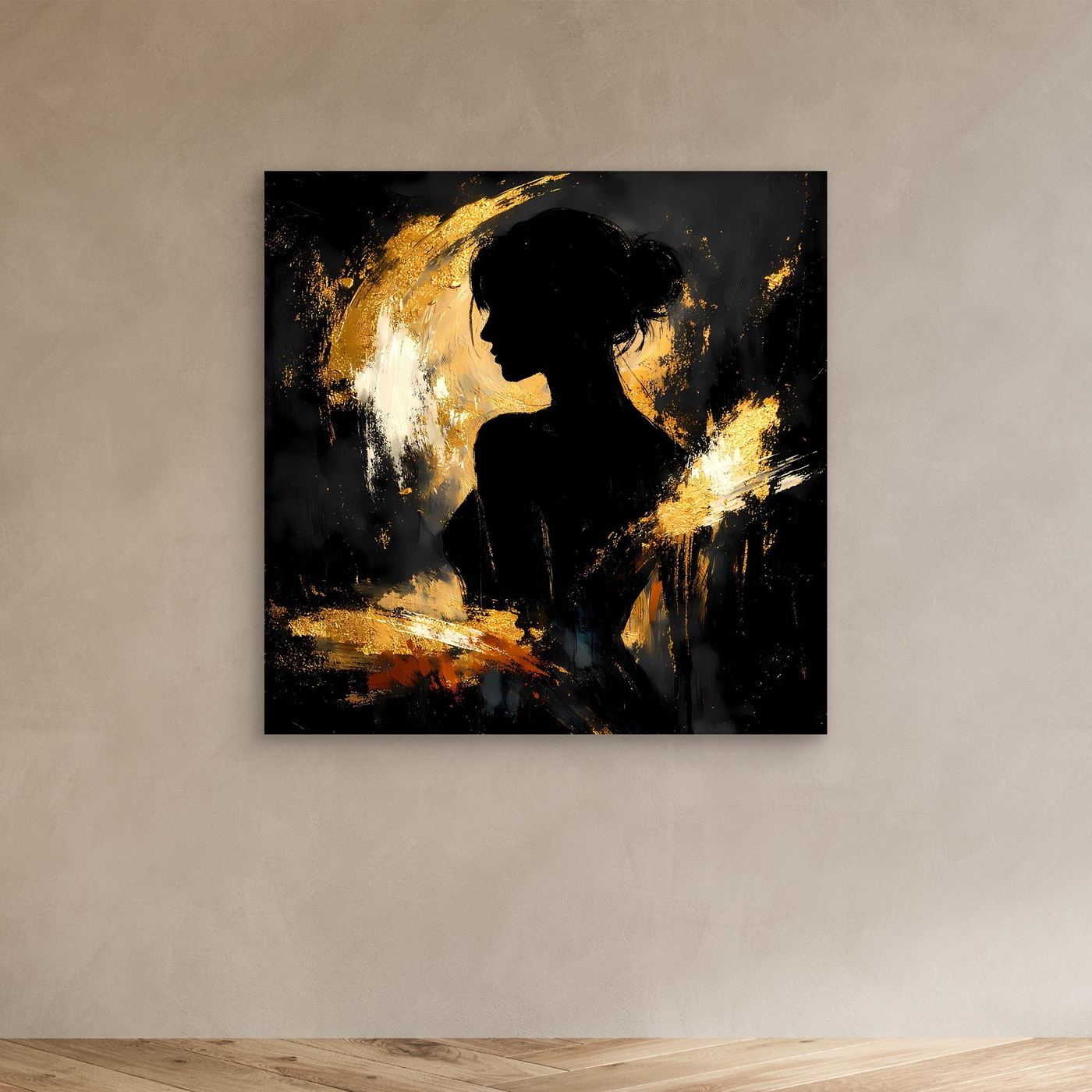 Leinwand Elegante Silhouette in Gold und Schwarz | Modernes Abstraktes Frauen Portrait Wandbild