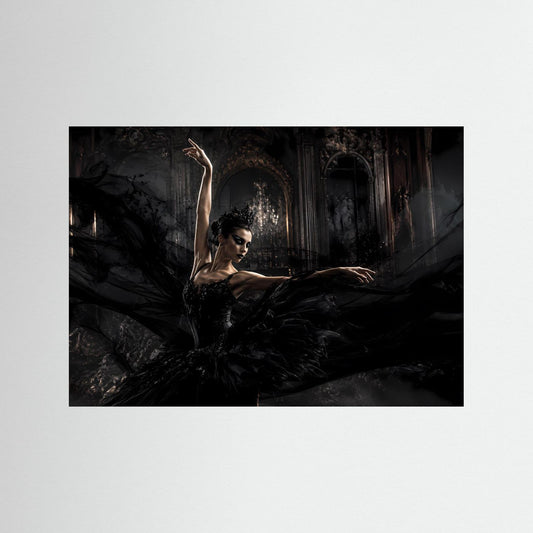 Kunstposter Querformat: Ballerina im schwarzen Schwanenschleier, dramatische dunkle Szene