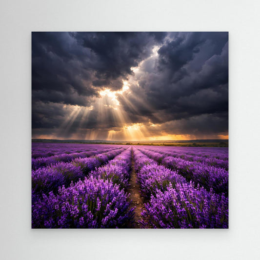 Leinwandbild Lavendelfeld mit Lichtstrahlen und Sonnenaufgang, ohne Rahmen