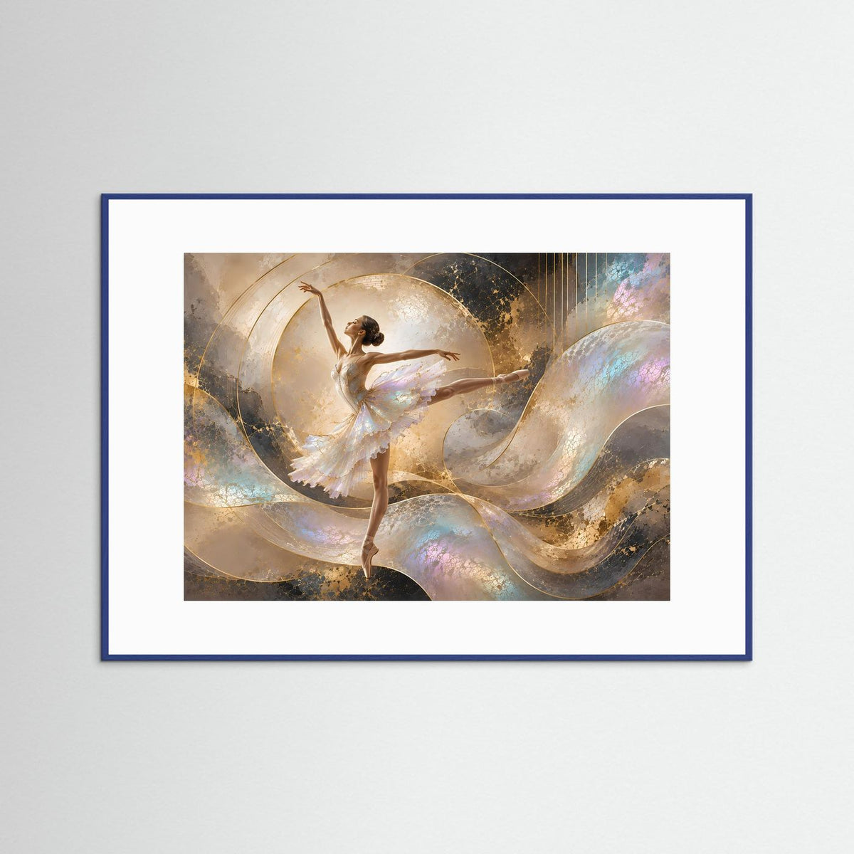 Abstrakte Ballerina-Wandkunst im blauen Rahmen, Perlmuttsilhouette mit goldenen Akzenten