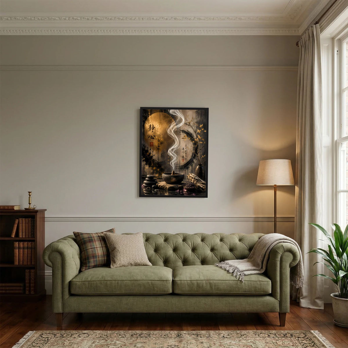 Gerahmtes Hochformat-Poster mit goldenem Kreis, asiatischer Zen-Szene, Rauch und Duft