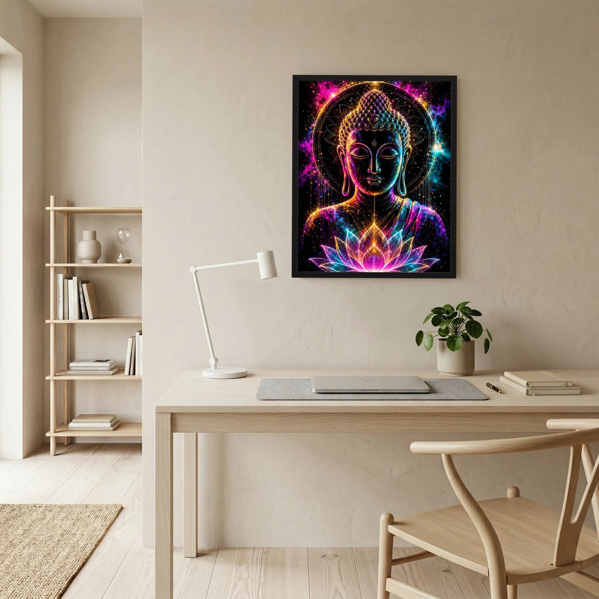 Neon-Kunstposter mit Buddha-Kopf und Lotusflammen in Pink, Türkis und Gold, schwarz gerahmt
