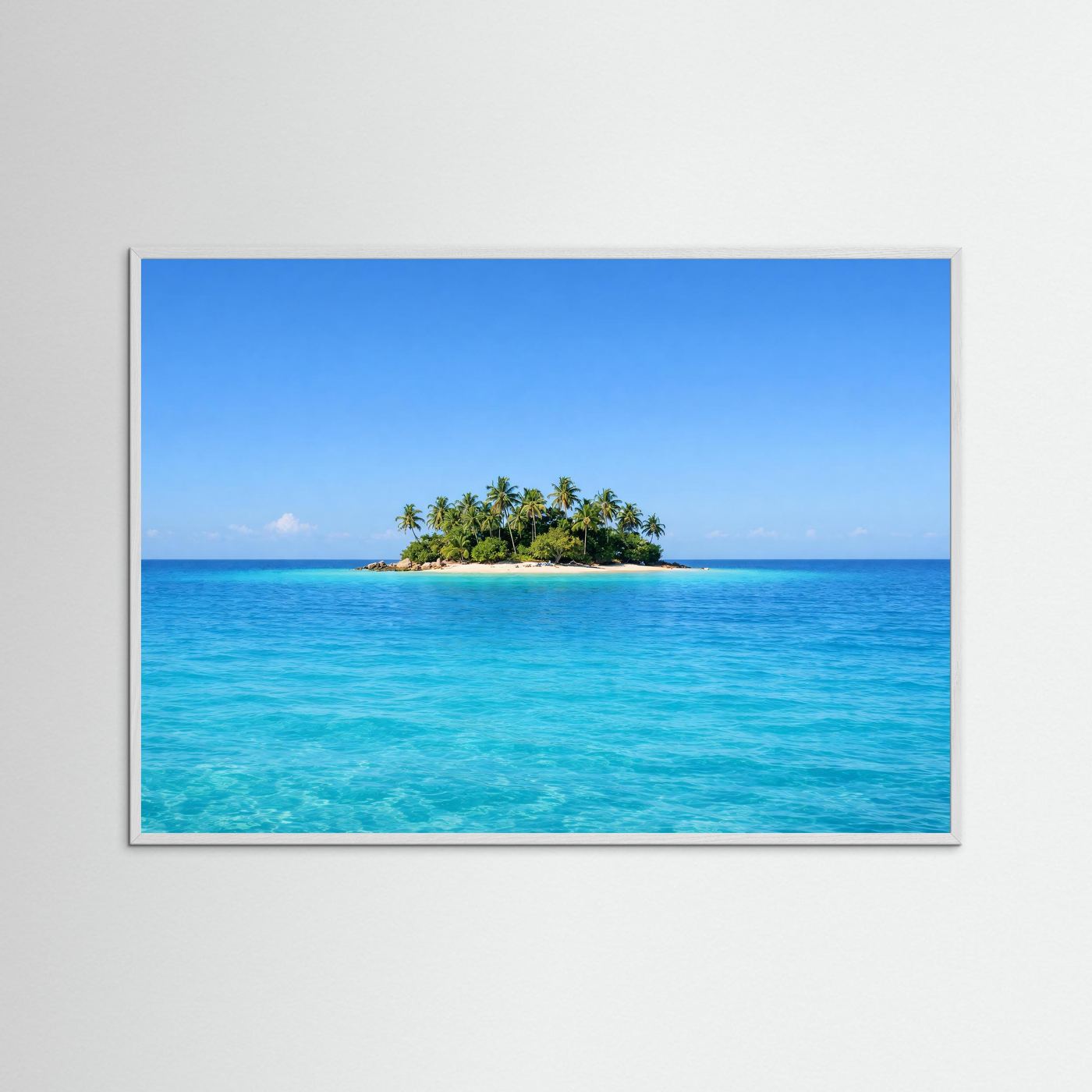 Panorama-Poster im blauem Rahmen: tropische Insel mit Palmen im türkisblauen Meer