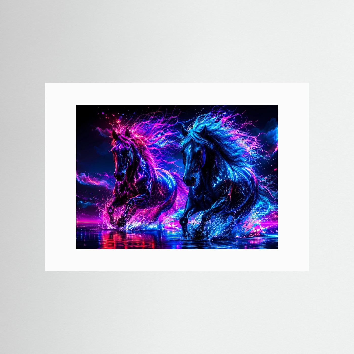 Neon Pferde Poster Querformat | Futuristische Pferde Wandkunst in Pink & Blau | Modernes Cyberpunk Wandbild