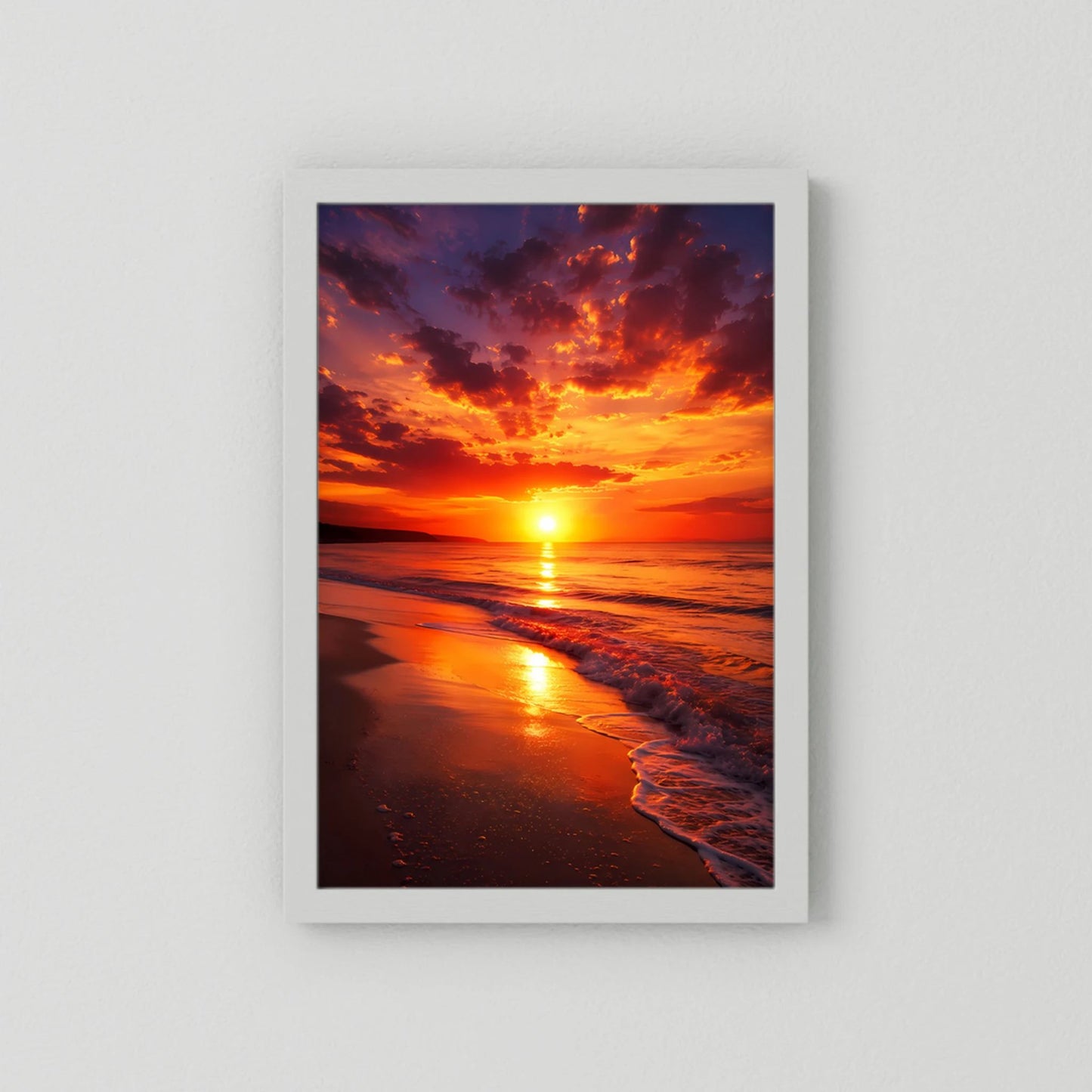 Hochformat-Poster Sonnenuntergang am Strand im weißen Rahmen