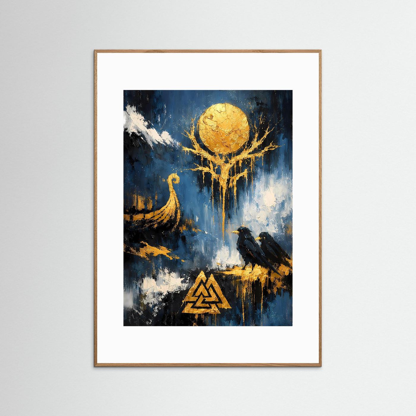 Hochformatiges Kunstposter mit beigem Holzrahmen und weißem Rand, abstrakt blau/gold