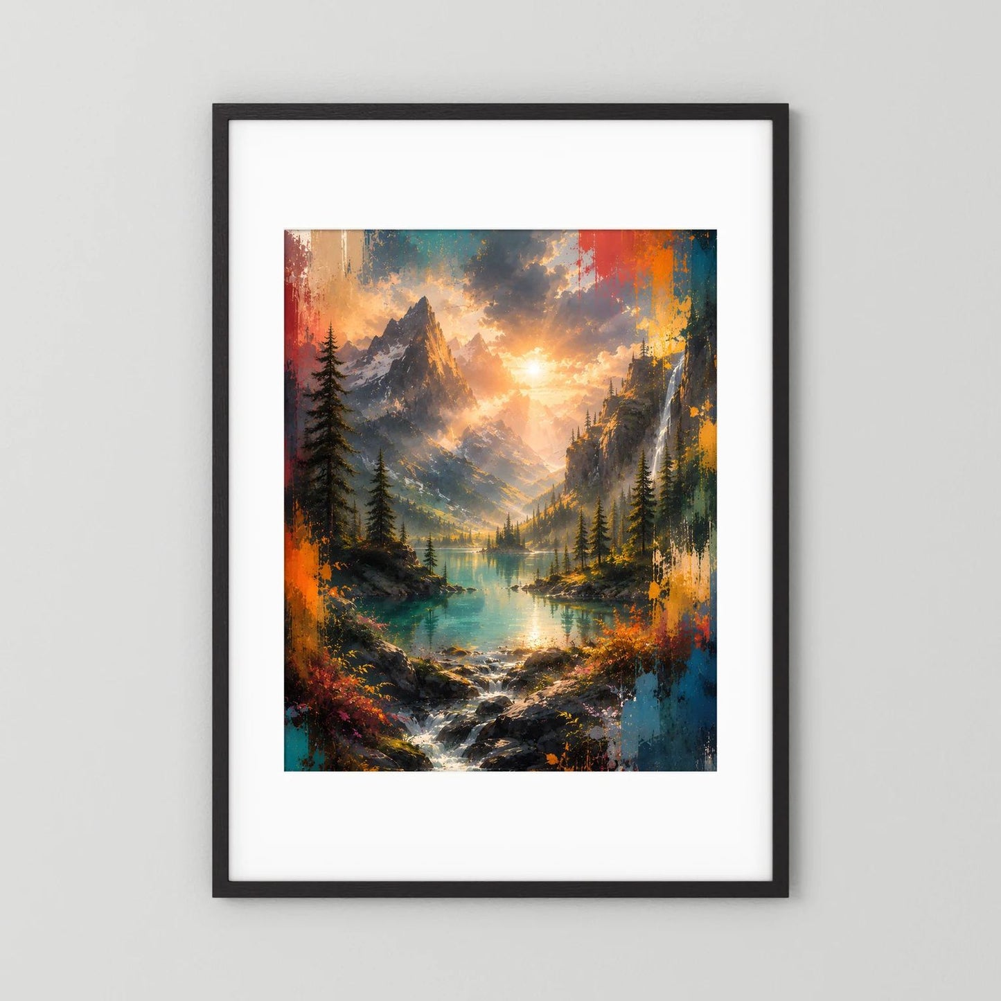 Hochformat-Wandbild mit schwarzem Rahmen und weißem Passepartout, Berglandschaft