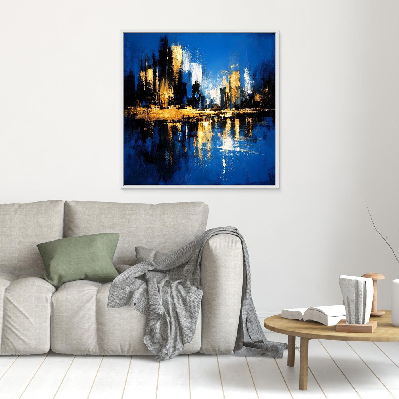Leinwand Abstrakte Skyline in Blau und Gold | Modernes Großstadt Wandbild mit Spiegelung
