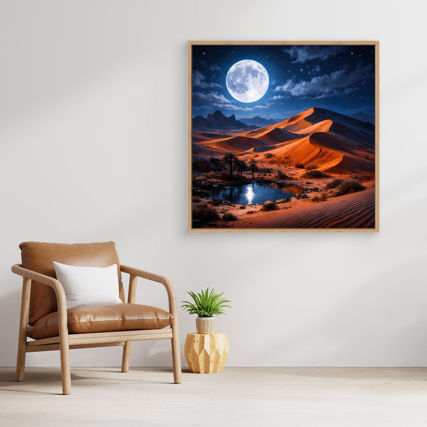 Leinwand-Wandbild mit hellem Holzrahmen: Sanddünen und Oase im Mondlicht