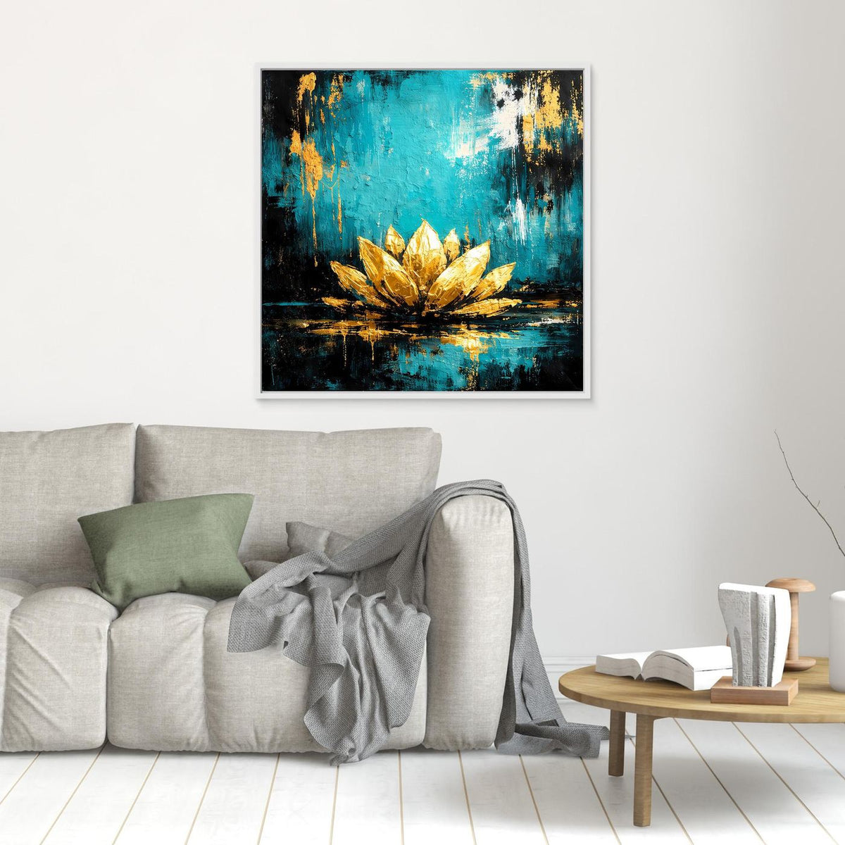 Leinwand-Wandbild mit abstrakter Lotusblüte in Türkis und Gold, kleiner Rahmen in Hellgrau
