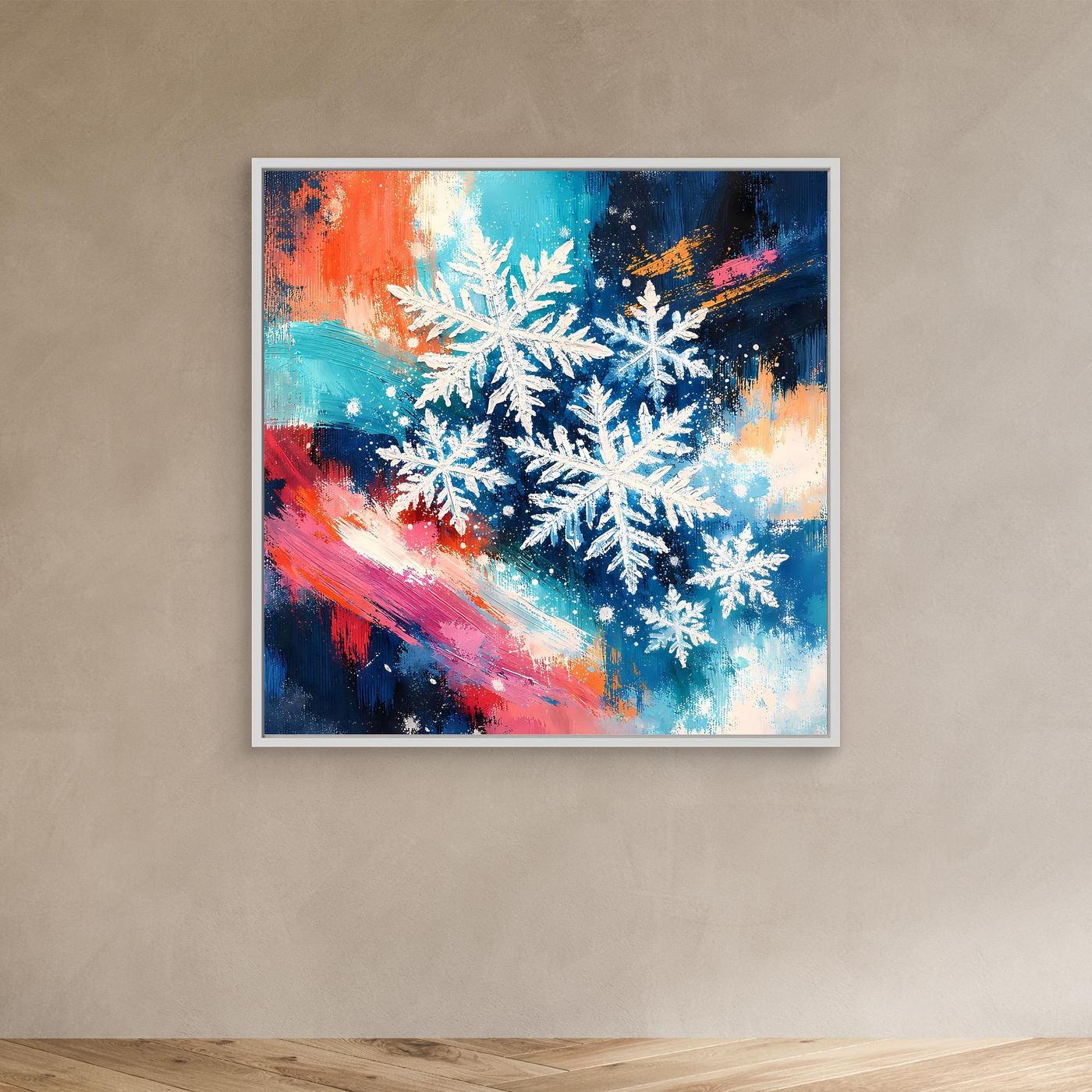 Wandbild mit abstrakten weißen Schneeflocken, im weiß eingefassten Rahmen