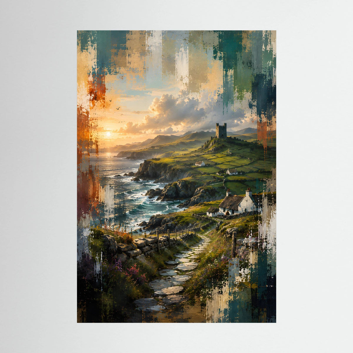 Landschaftsposter im Hochformat mit grünen Klippen, Burgturm, Küstenweg und Meer