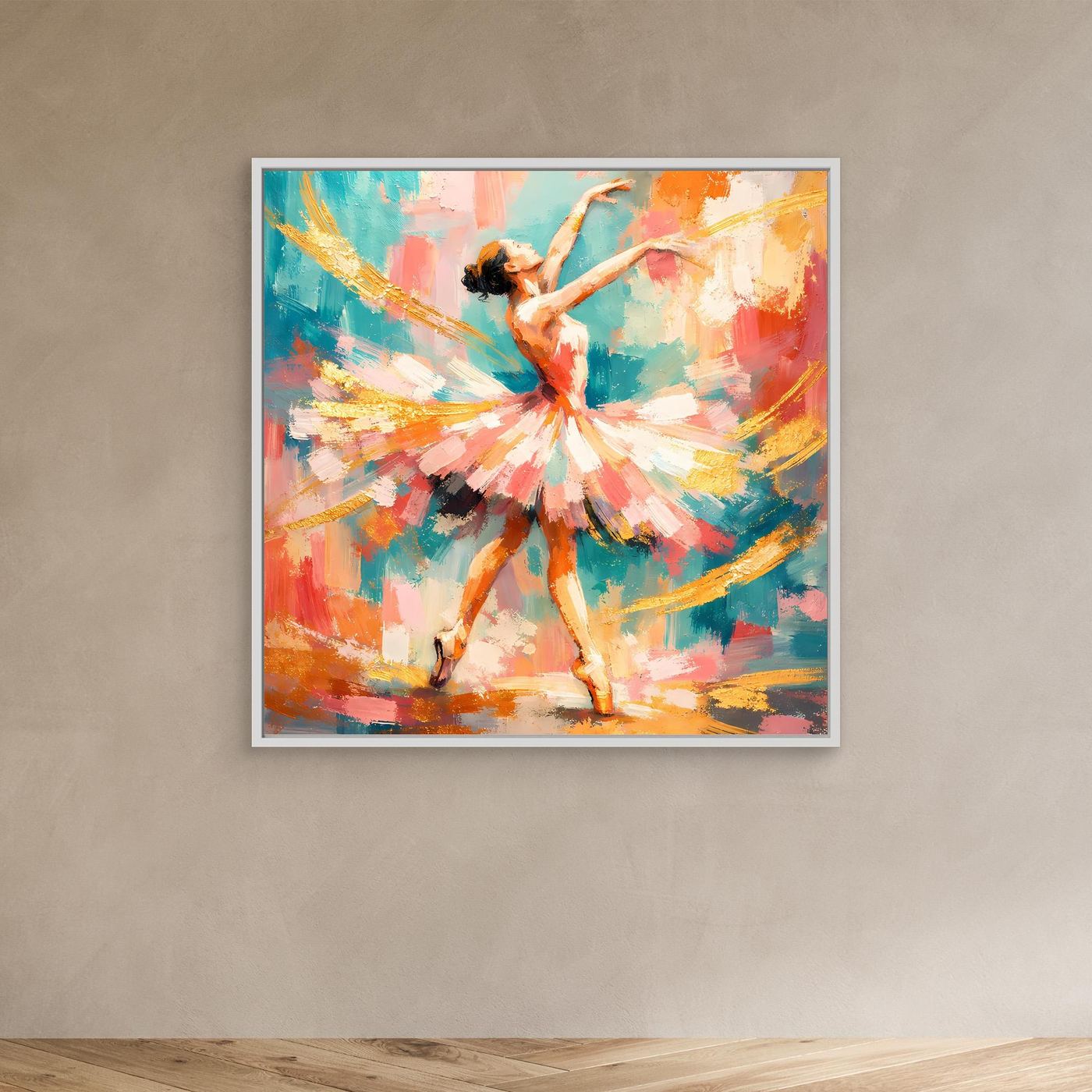 Leinwandbild mit abstrakter Ballerina im weißen Rahmen, leuchtende Farben