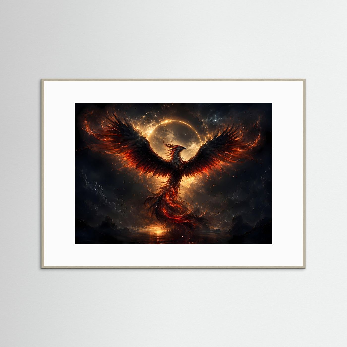 Dunkler Phönix Poster | Mystischer Feuervogel Wandkunst | Schwarz Gold Fantasy Kunst | Abstraktes Wandbild mit Flammen