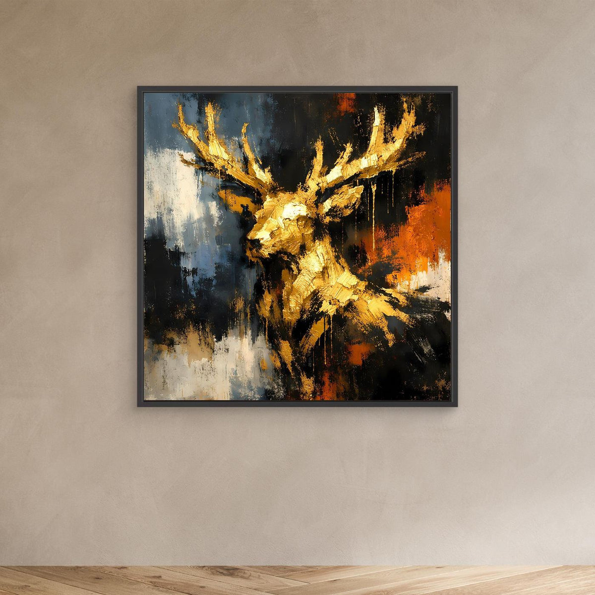 Quadratisches Leinwandbild mit goldenem Hirschkopf im abstrakten Blau-Orange, schwarzer Rahmen