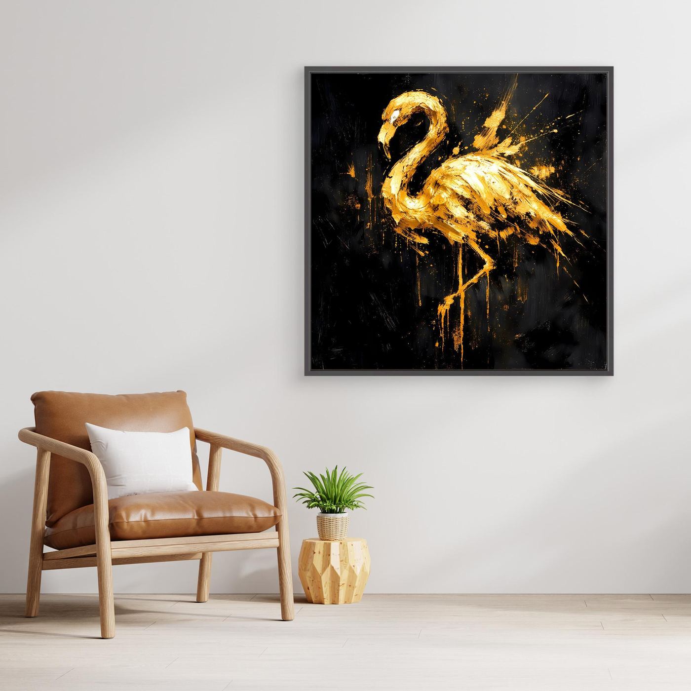 Leinwand Goldener Flamingo auf Schwarz | Abstraktes Modernes Tier Wandbild Kunst