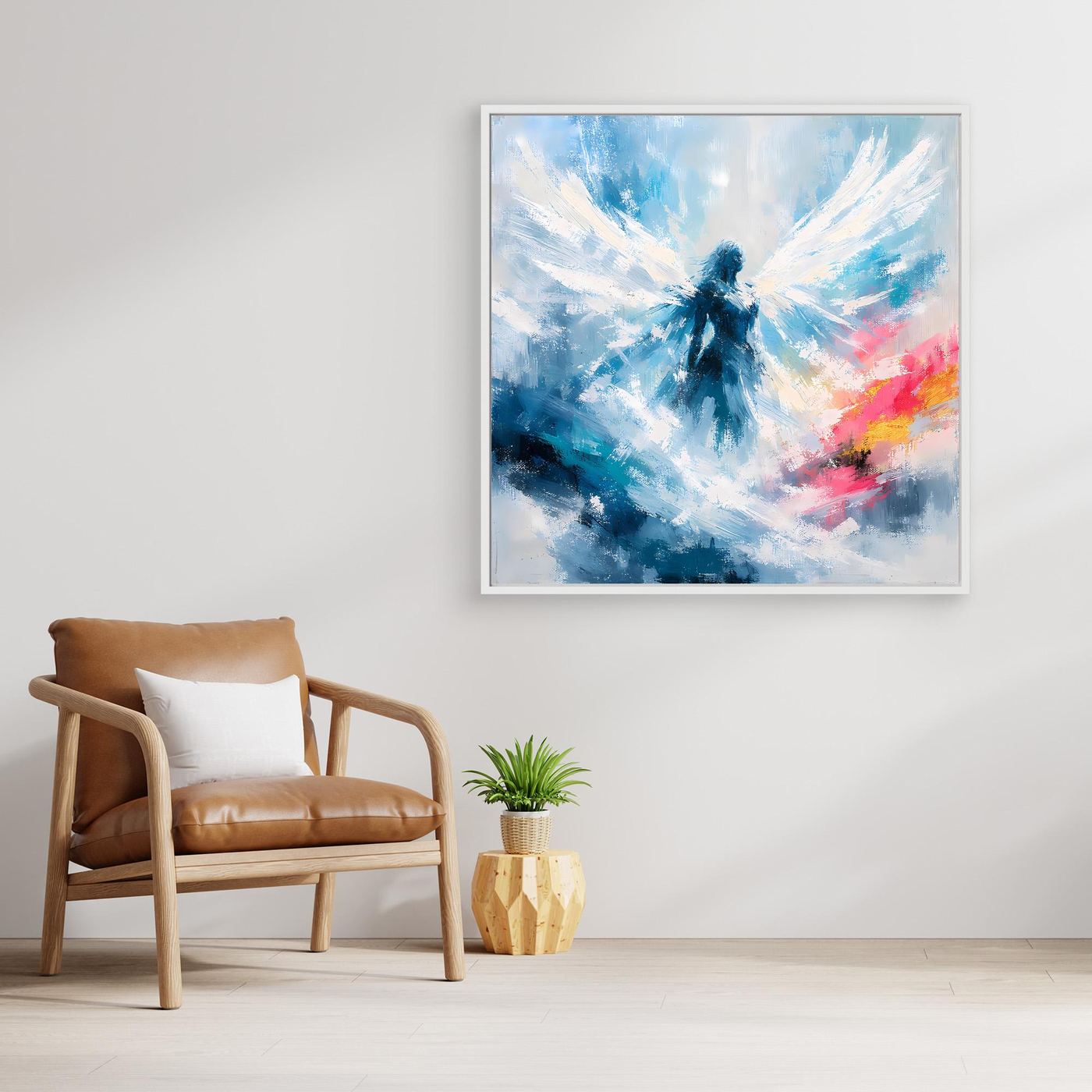 Leinwand Abstrakter Engel in Blau und Weiß | Modernes Wandbild auf echter Leinwand