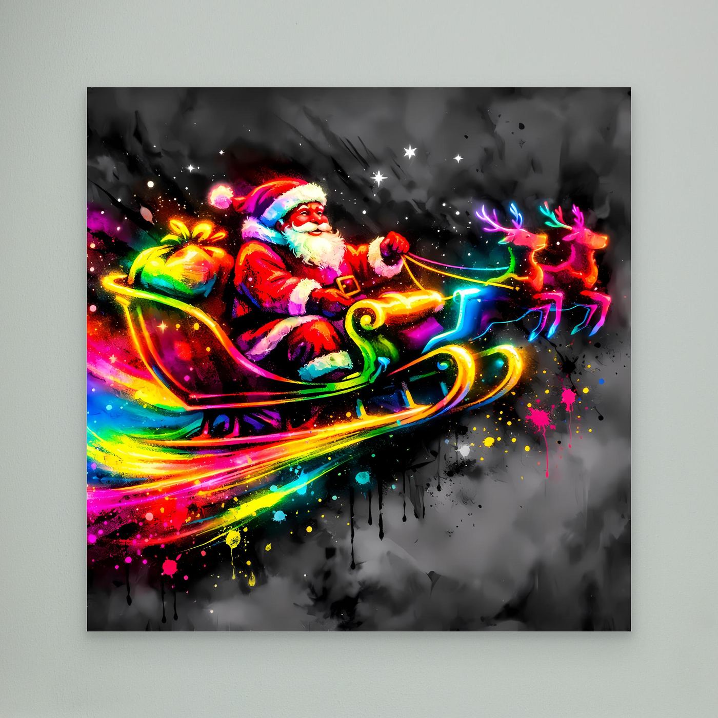 Leinwandbild mit schwarzem Rahmen: bunter Weihnachtsmann im Schlitten, Neon-Highlights