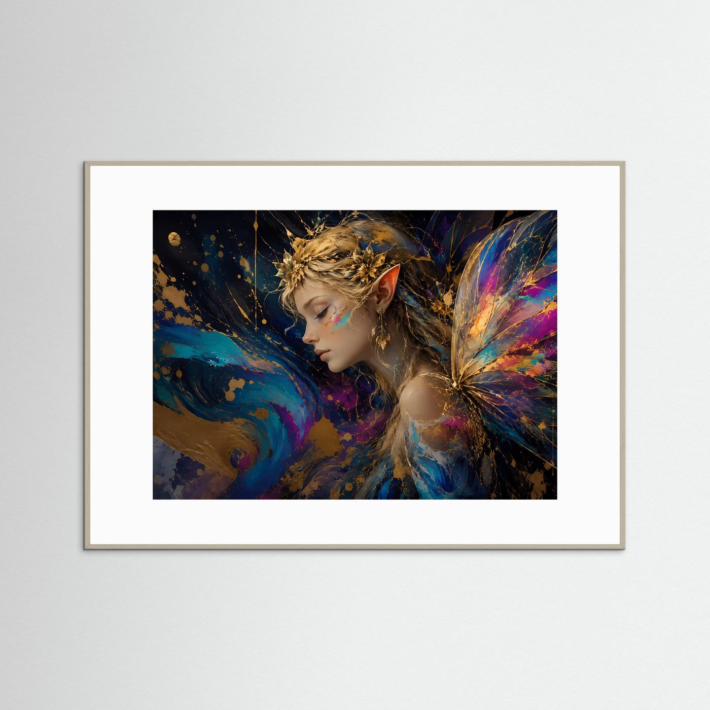 Fantasy-Poster mit Elfe, goldblonde Haare und Flügeln, im hellen Rahmen
