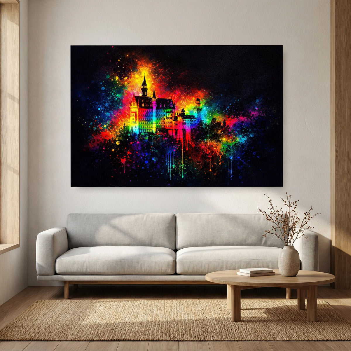 Wandposter Querformat mit leuchtendem Märchenschloss-Motiv und schwarzem Rahmen