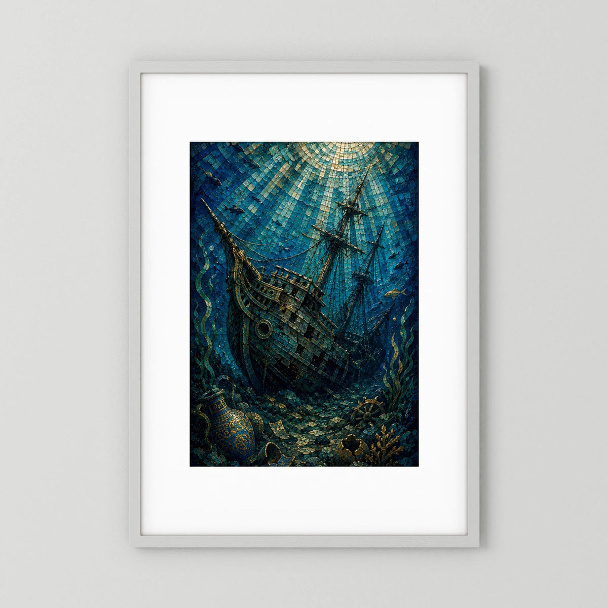Hochformat-Poster mit versunkenem Segelschiff im Mosaikstil, blau und gold