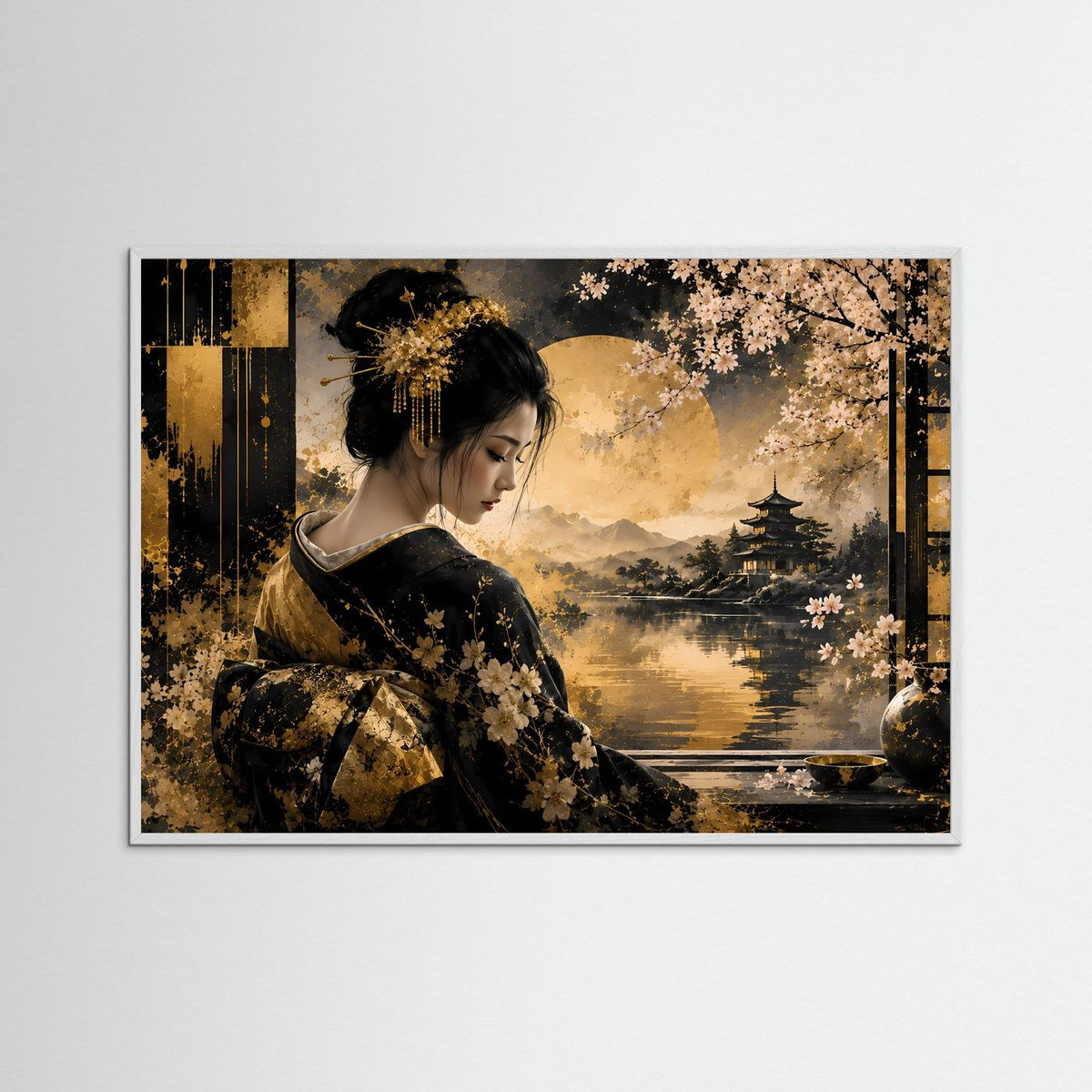 Querformat-Wandbild: Geisha im schwarzen Kimono mit Kirschblüten, weißer Holzrahmen