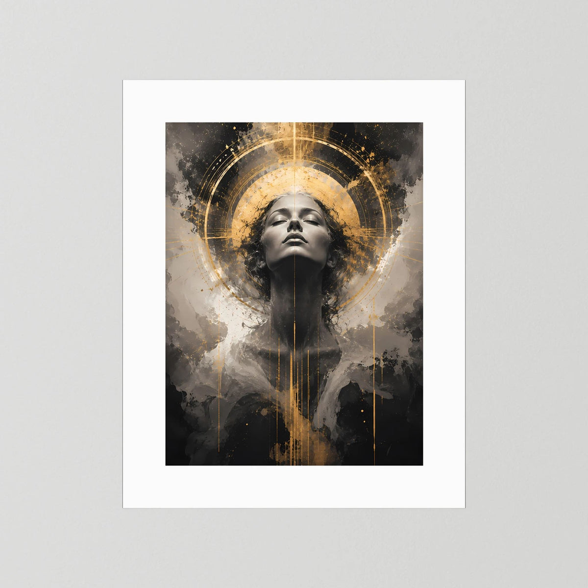 Poster mit abstraktem Frauengesicht in Schwarz und Gold mit goldenem Kreis, weißer Rand
