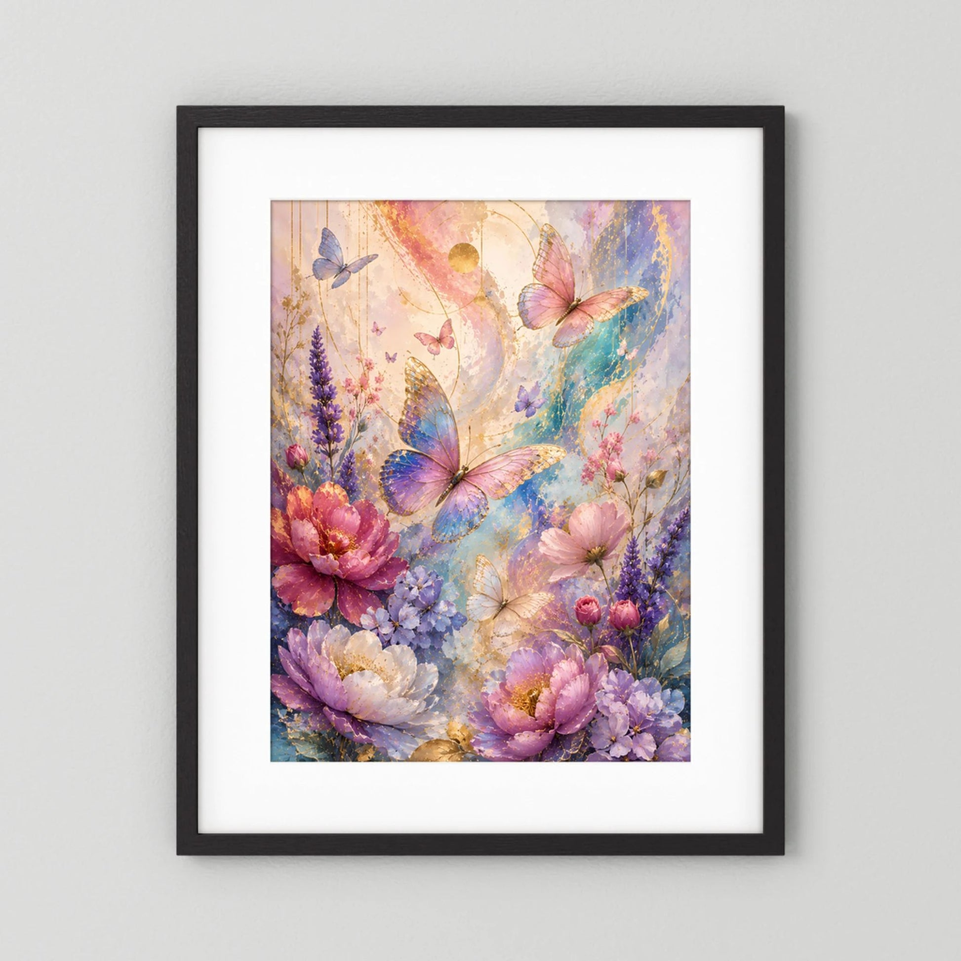 Poster im Hochformat mit Blumen und Schmetterlingen, schwarzer Rahmen mit weißem Rand