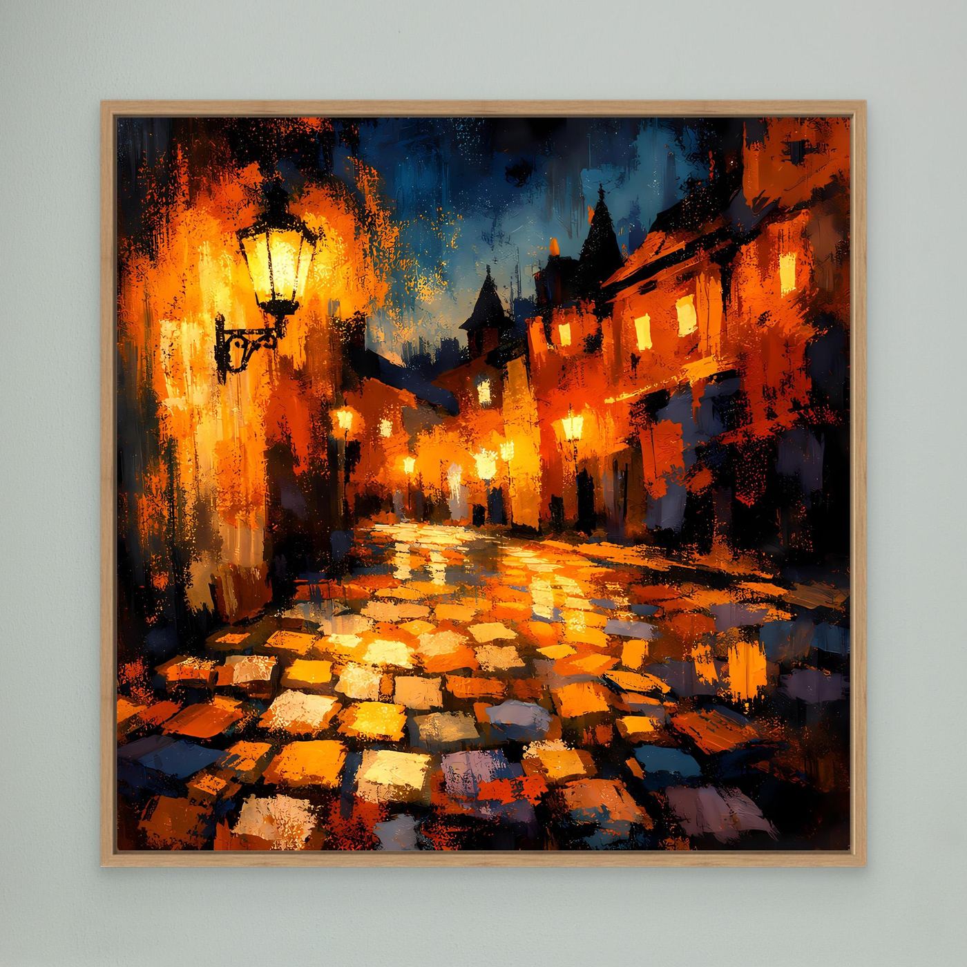 Leinwand Abstraktes Altstadt Gemälde | Modernes Romantisches Gassen Wandbild bei Nacht