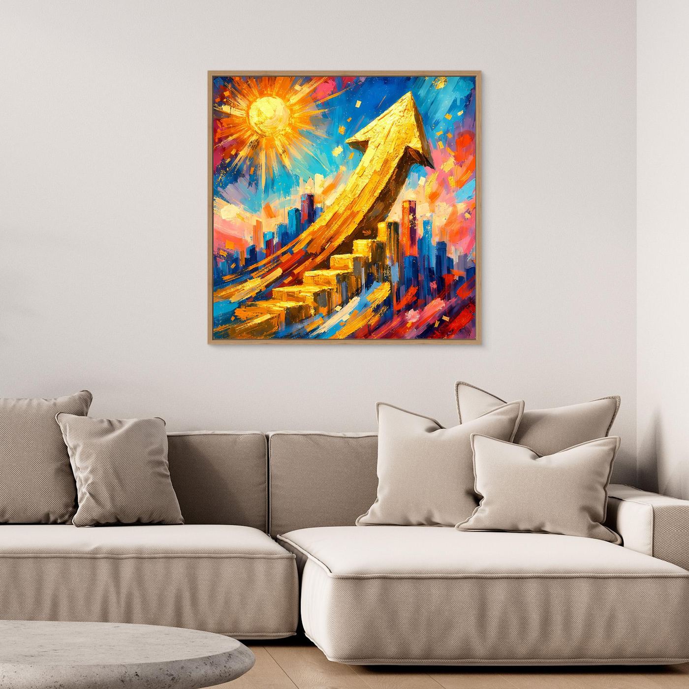 Gerahmtes Leinwandbild mit abstrakter Skyline und goldenem Pfeil, knallige Farbspritzer
