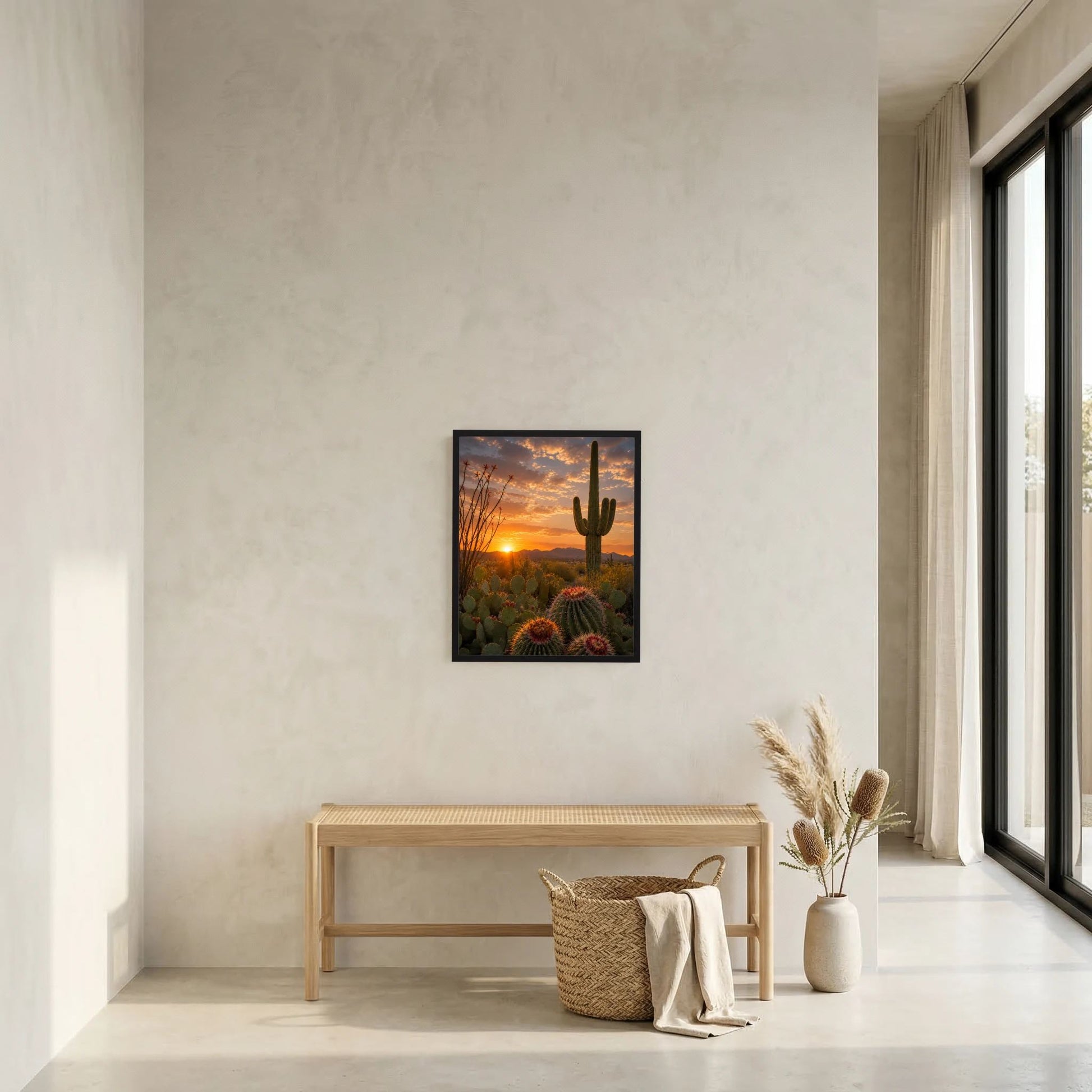 Wandposter mit Wüsten-Kakteen und Sonnenuntergang, im dunklen Rahmen