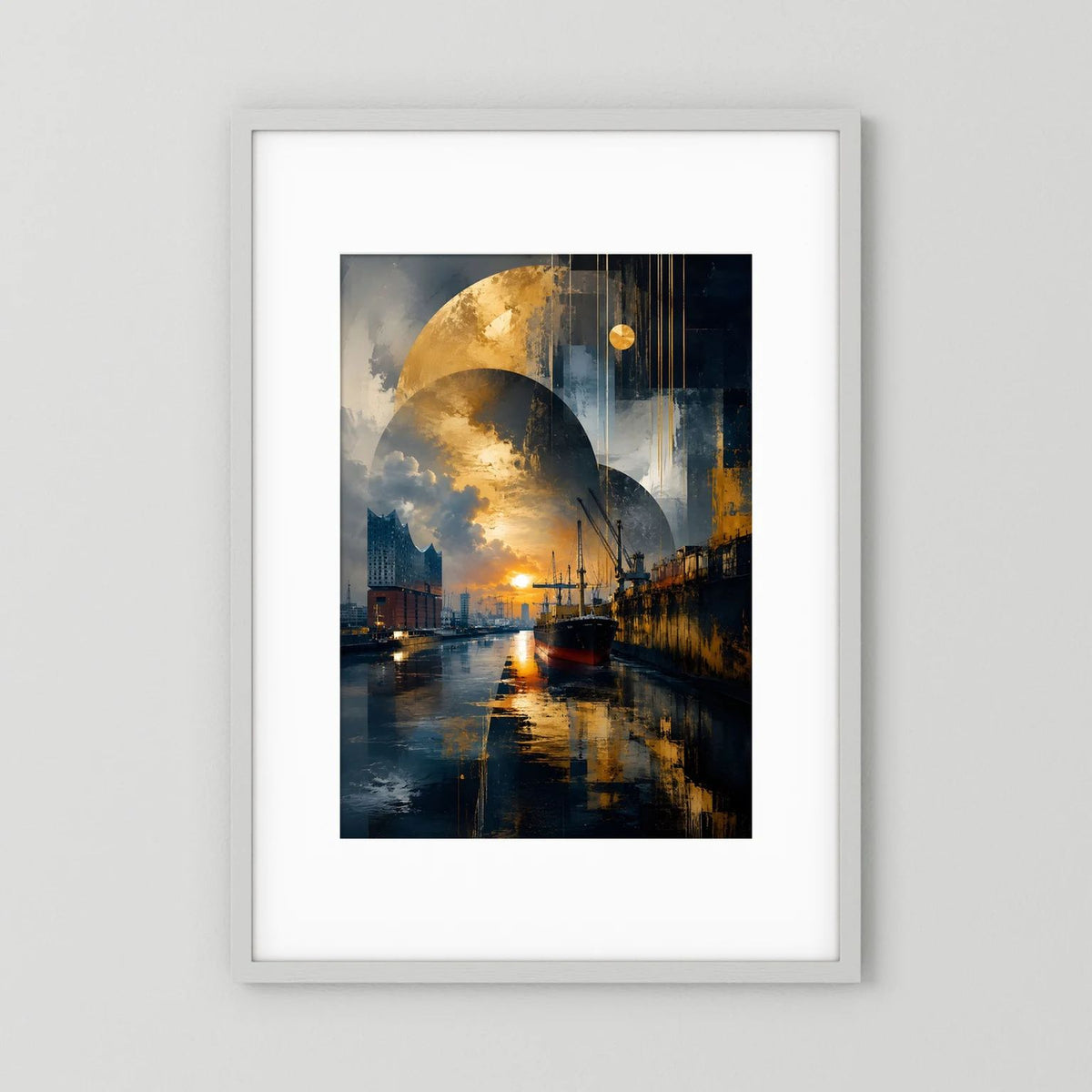 Maritimes Poster im Hochformat mit Goldmond und dunkelblauer Hafenszene