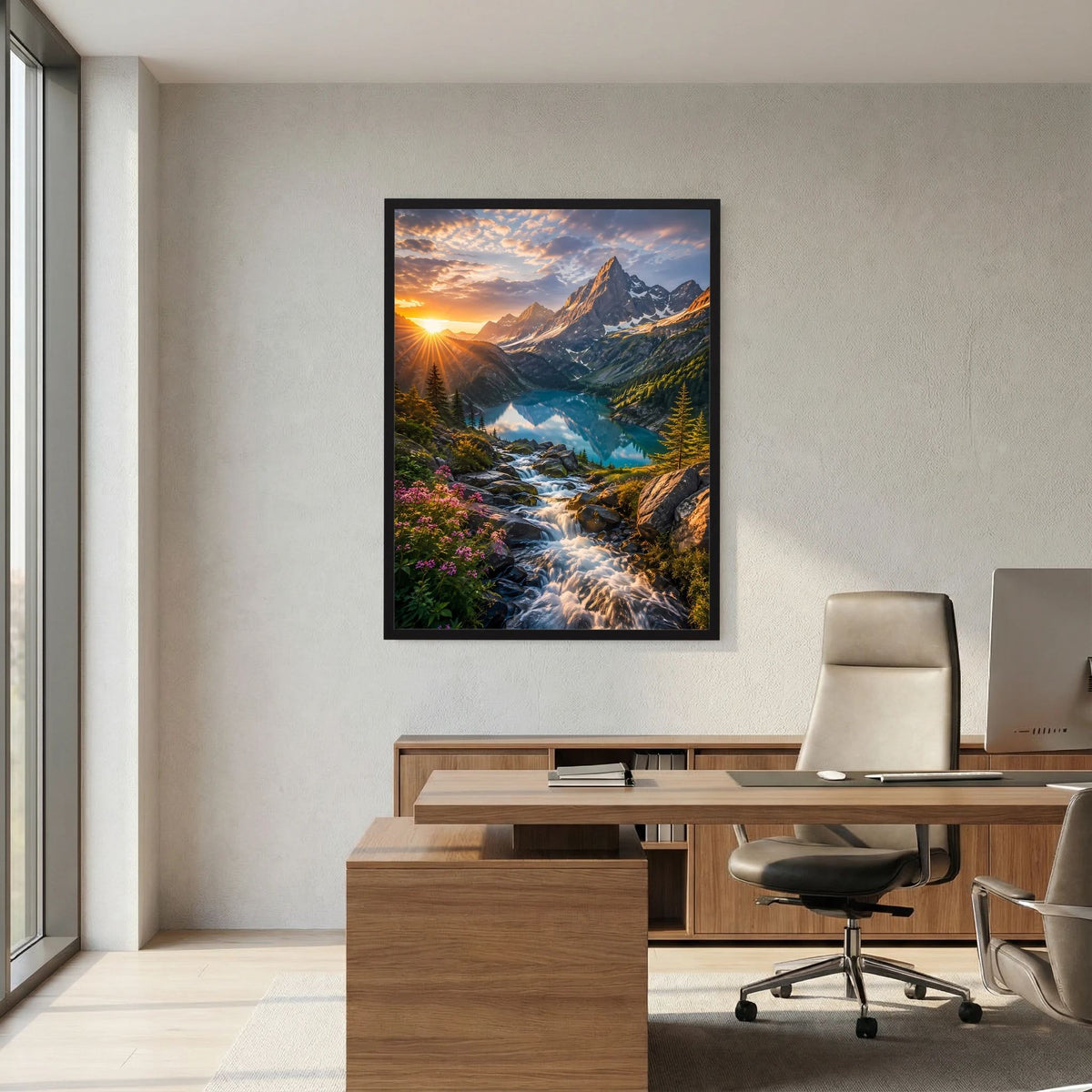 Gerahmtes Wandposter: Berglandschaft mit Wasserlauf, See und Abendsonne