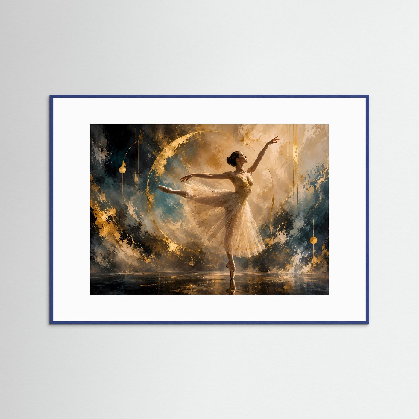Poster mit gold-blauer Ballerina, im blauen Rahmen