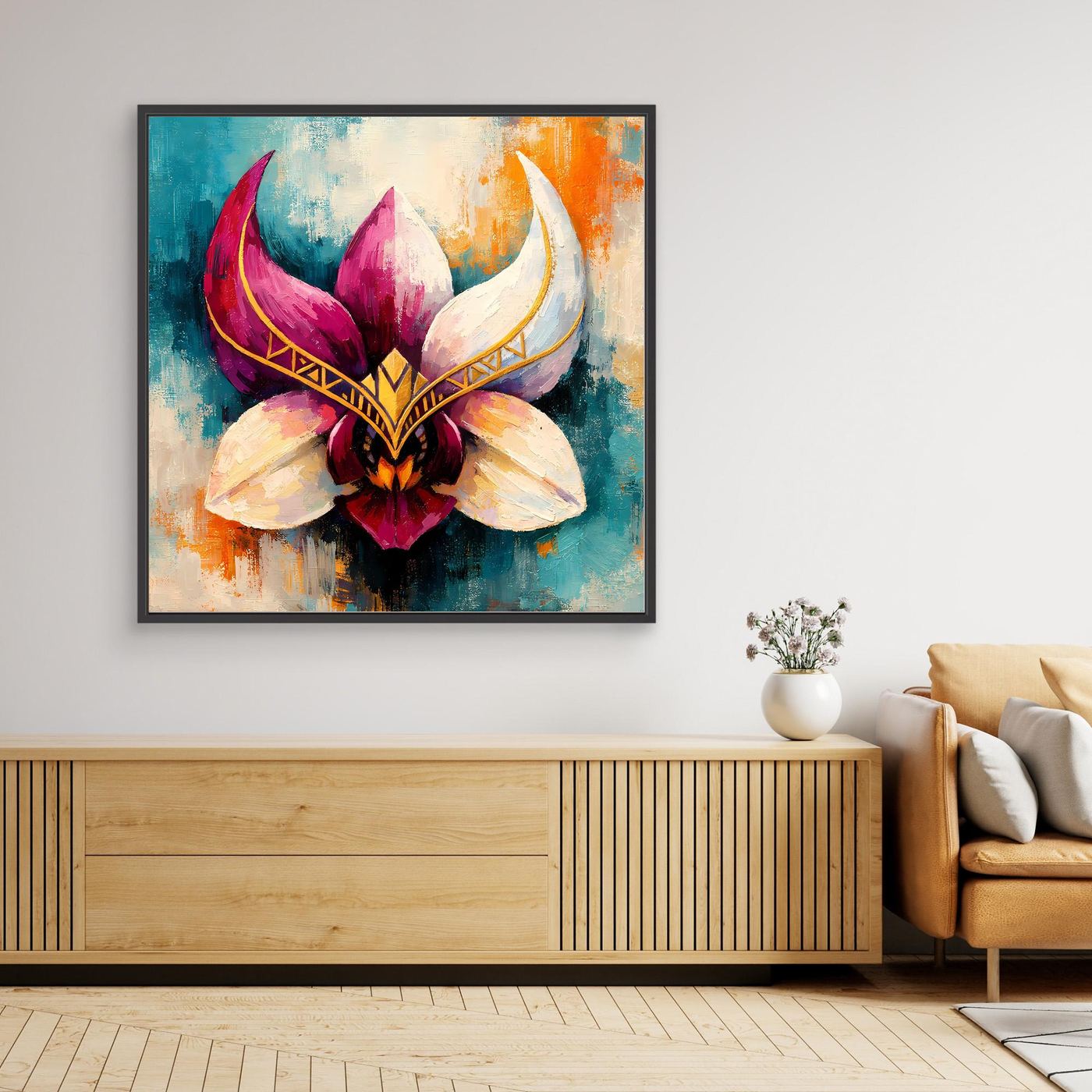 Premium Leinwand Mystische Orchideen-Maske in Gold | Abstraktes Florales Wandbild im Fantasy-Stil