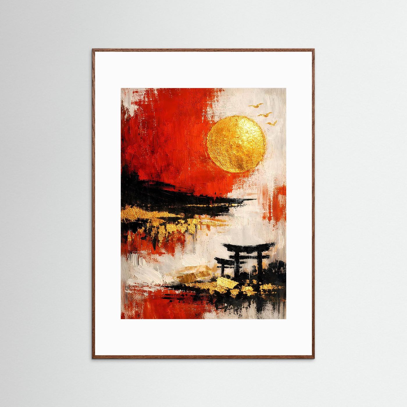 Gerahmtes Kunstposter mit Torii-Silhouette, tiefroter Farbfläche und goldener Kreis, brauner Rahmen