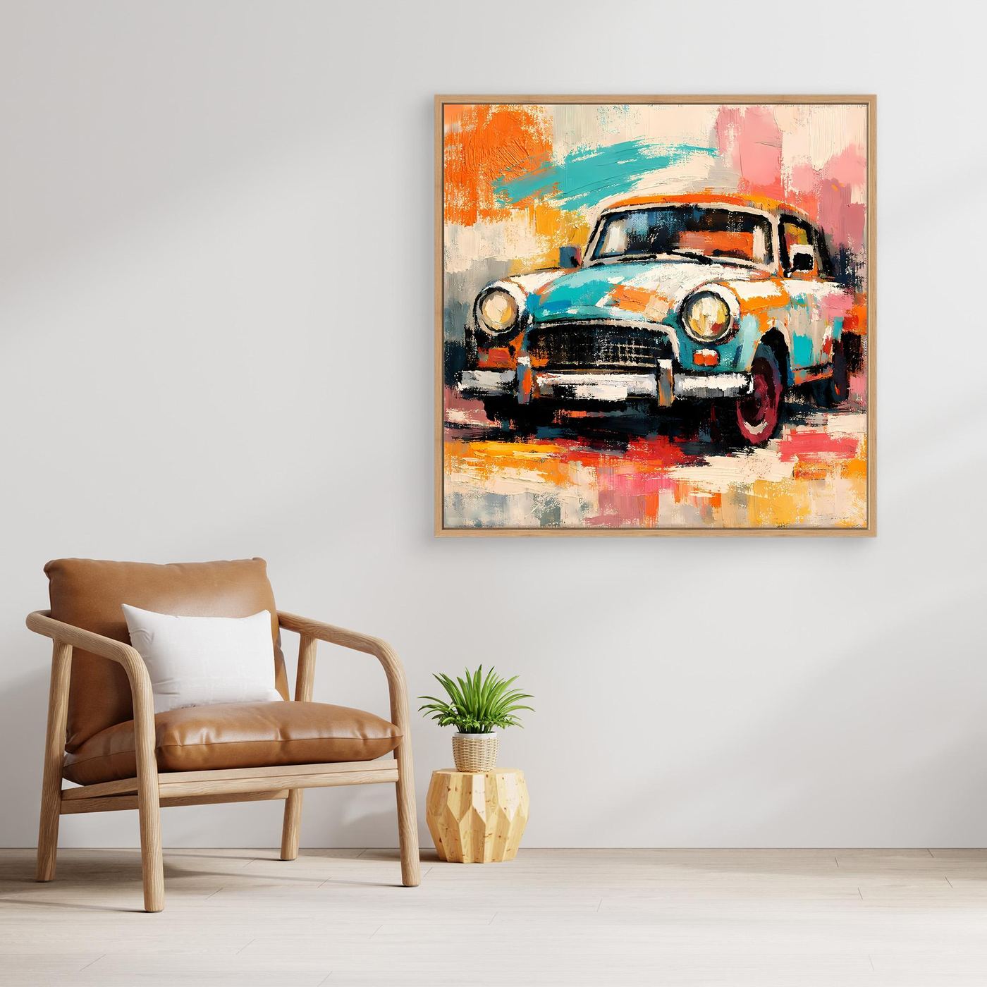 Abstract vintage car wall art with turquoise, orange, and pink brushstrokes in a light wood frame