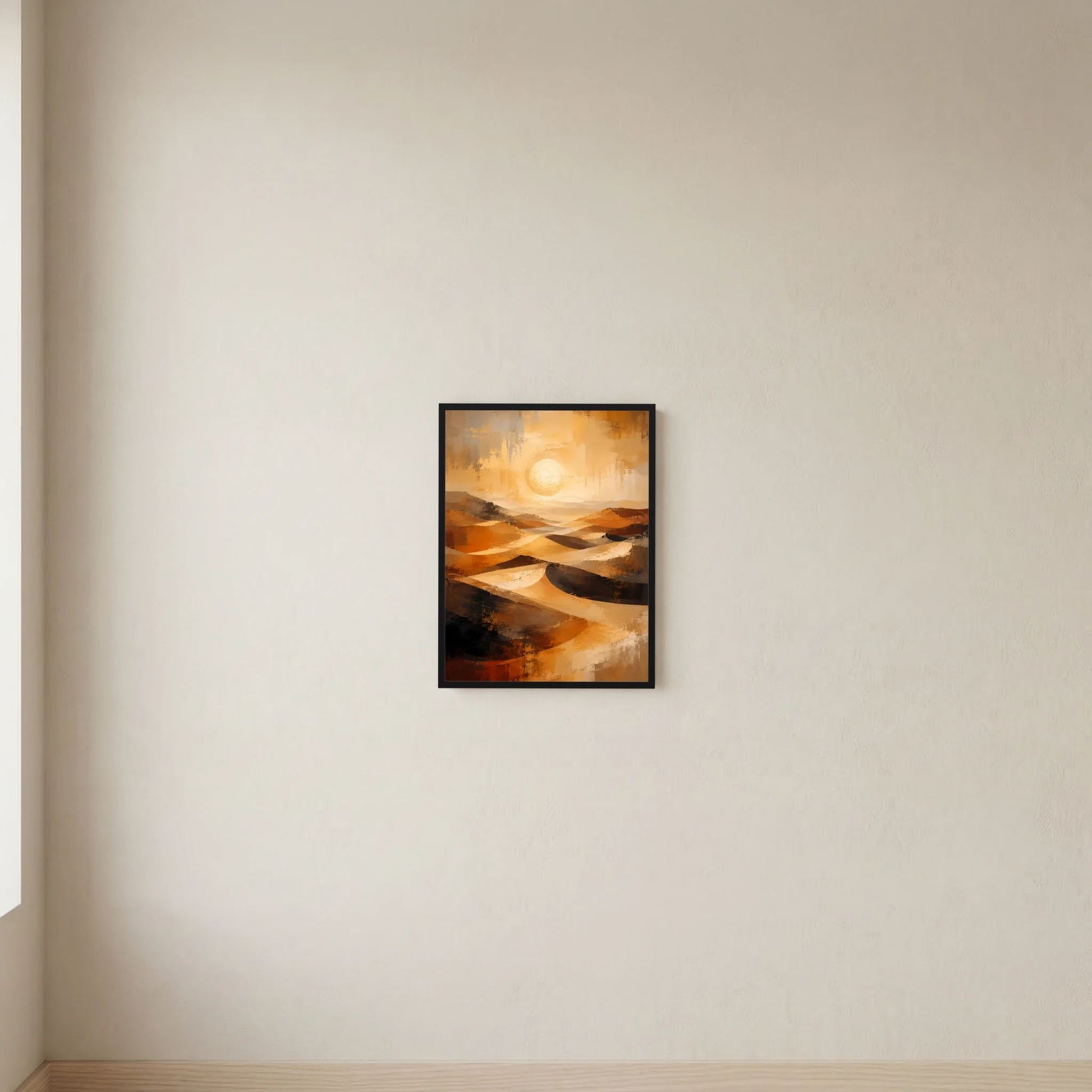 Gerahmtes Hochformat-Poster mit abstrakter Wüste und goldenen, orangefarbenen Flächen