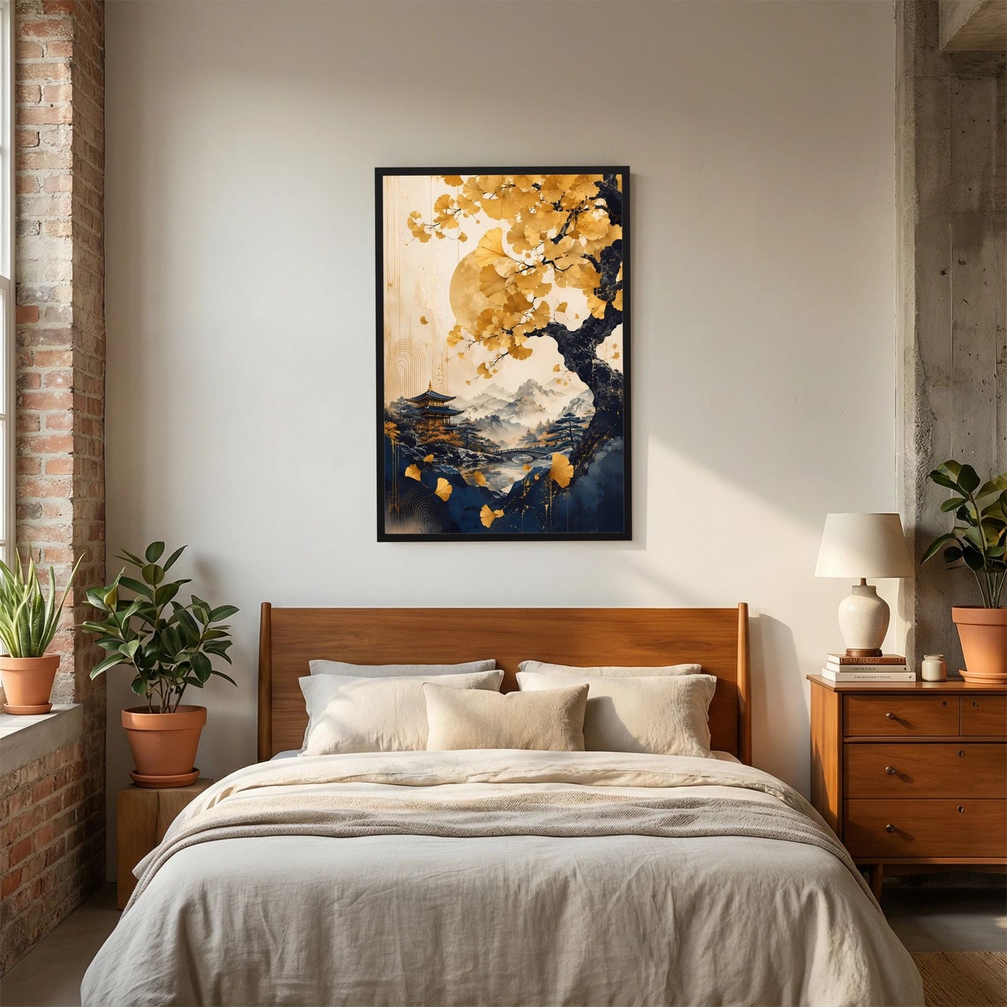 Poster im Hochformat mit goldenen Ginkgoblättern, Pagode und Mond über Berglandschaft, schwarzer Rahmen