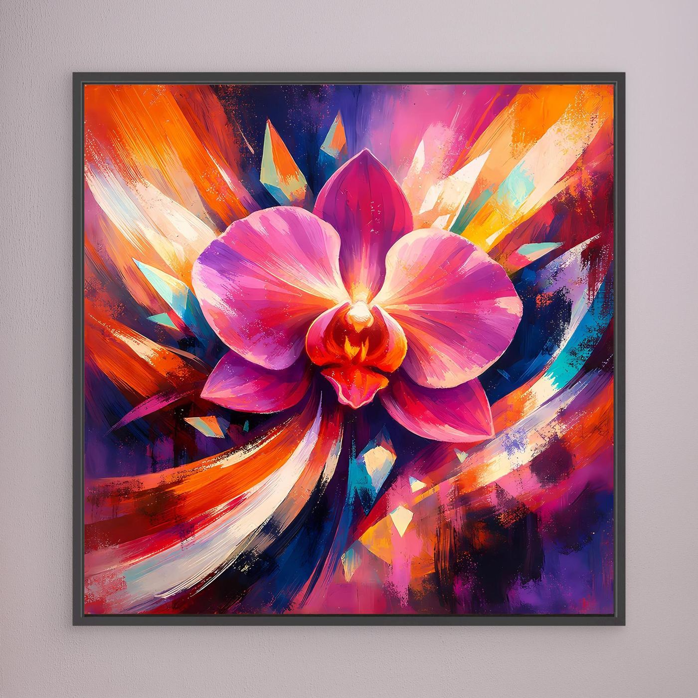 Gerahmtes Leinwandbild mit abstrakter Orchidee in Pink, Lila und Orange, schwarzer Rahmen.