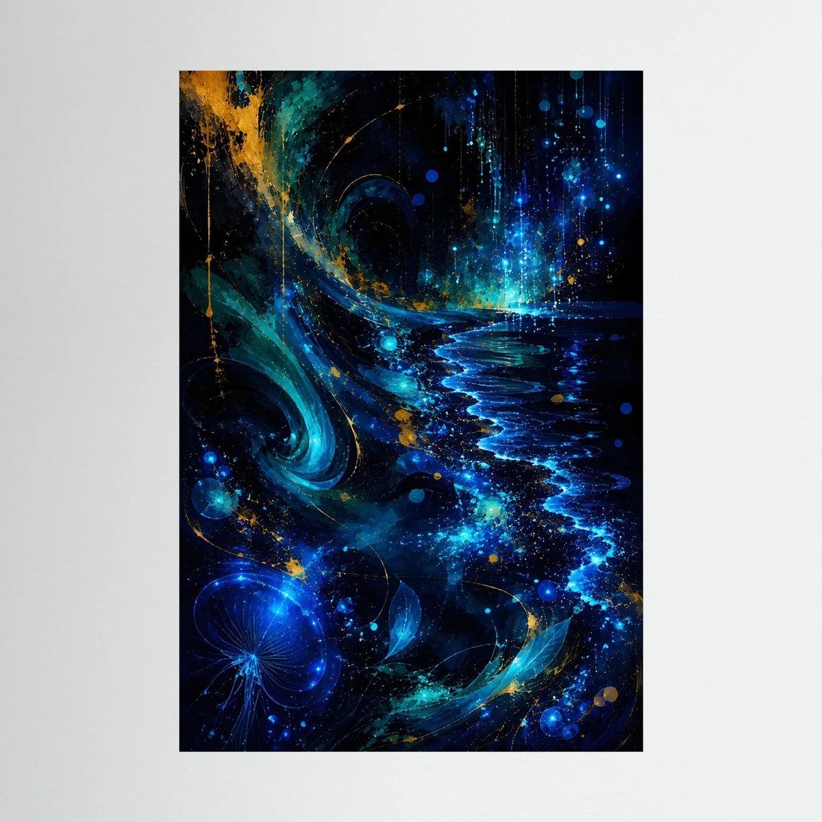 Hochformat-Poster mit abstrakten, leuchtenden Wellen in Blau und Gold